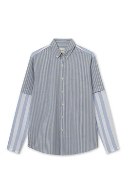 FORET Rest Mixed Stripe Organic Cotton Button-Down Shirt Light Blue/Cloud at Nordstrom,