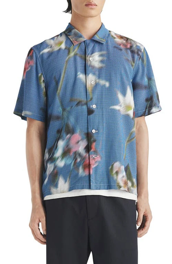 rag & bone Avery Blurred Floral Print Short Sleeve Button-Up Shirt Bluflr at Nordstrom,