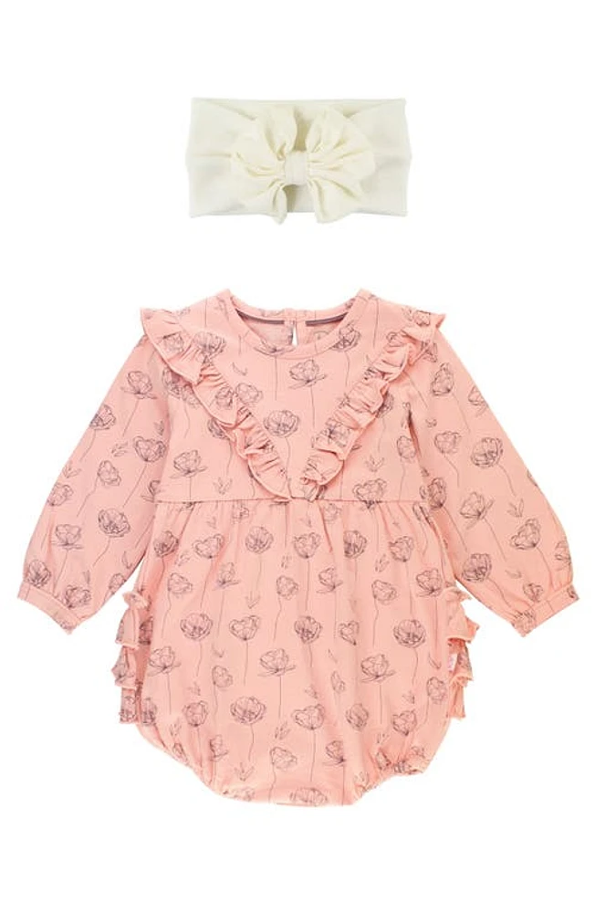 RuffleButts Floral Ruffle Romper & Headband Set Pink at Nordstrom,