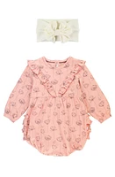 RuffleButts Floral Ruffle Romper & Headband Set Pink at Nordstrom,