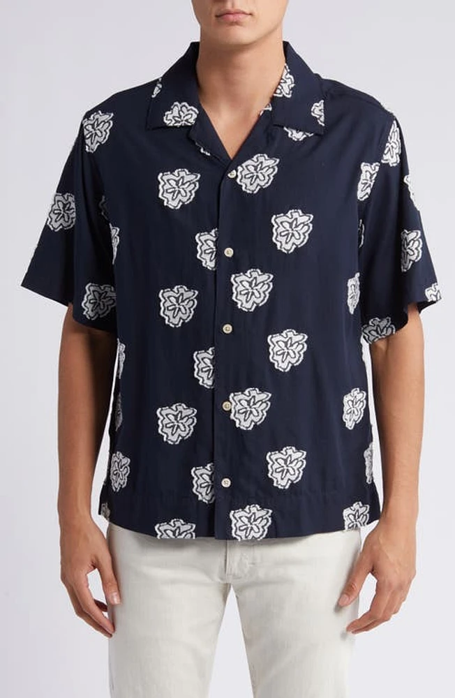 NN07 Leo Floral Organic Cotton Camp Shirt Navy Blue at Nordstrom,