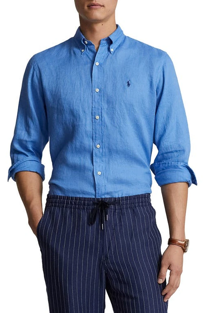 Polo Ralph Lauren Piece Dyed Linen Button-Down Shirt Summer Blue at Nordstrom,