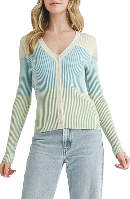 All Favor Colorblock Rib Cardigan White Cream Blue Green at Nordstrom,