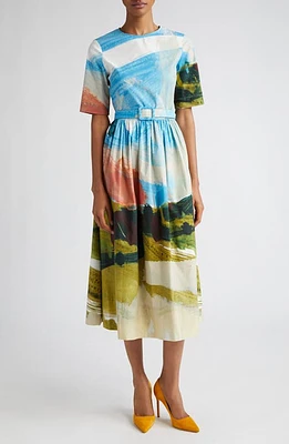 Oscar de la Renta Landscape Print Belted Stretch Cotton Midi Dress Powder Blue Mul at Nordstrom,