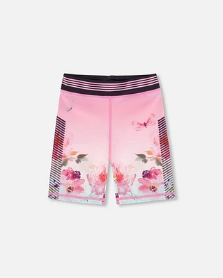 Deux Par Deux Little Girl's Athletic Biker Shorts Gradient Pink Printed Big Flowers in Gradient Pink Big Flowers at Nordstrom