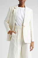 Max Mara Micron Pinstripe Linen & Cotton Blazer White Black at Nordstrom,