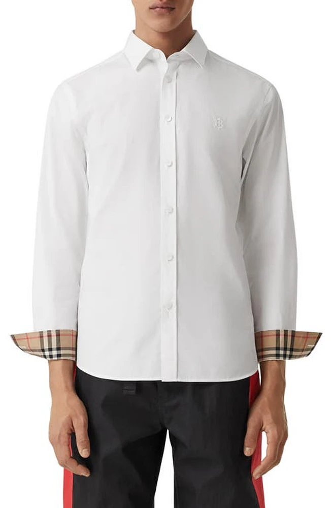 burberry Sherwood Monogram Motif Slim Fit Stretch Poplin Button-Up Shirt in White at Nordstrom, Size Xx-Large