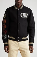 Off-White Moon Phase Virgin Wool Blend Varsity Bomber Jacket Black at Nordstrom,