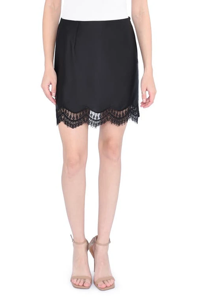 WAYF Lace Trim Satin Miniskirt Black at Nordstrom,