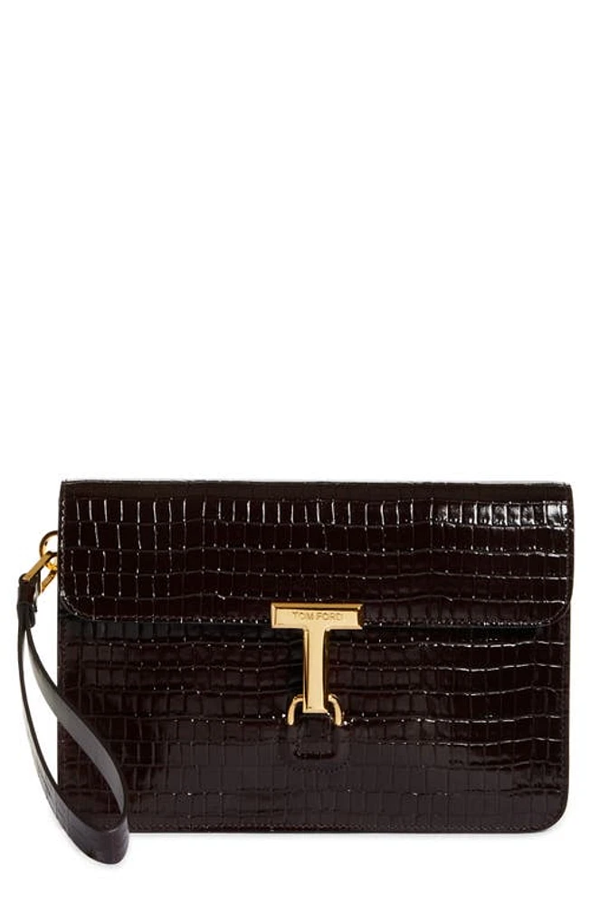 TOM FORD Small T-Clasp Croc Embossed Leather Portfolio in Light Chocolate at Nordstrom