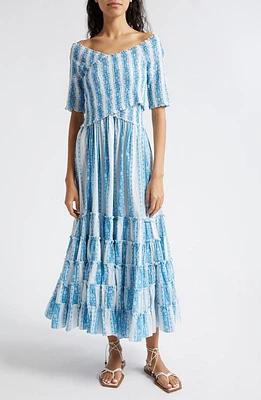 MILLE Celia Stripe Smocked Bodice Tiered Ruffle Maxi Dress Aqua Jaipur at Nordstrom,