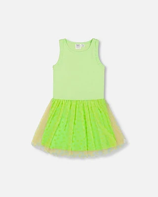 Deux Par Deux Girl's Shiny Ribbed Dress With Mesh Flocking Flowers Lime at Nordstrom