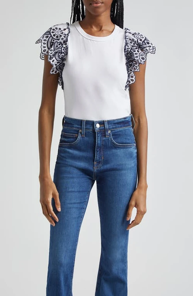 Veronica Beard Julianka Eyelet Ruffle Sleeve Cotton Jersey Top White/Navy at Nordstrom,