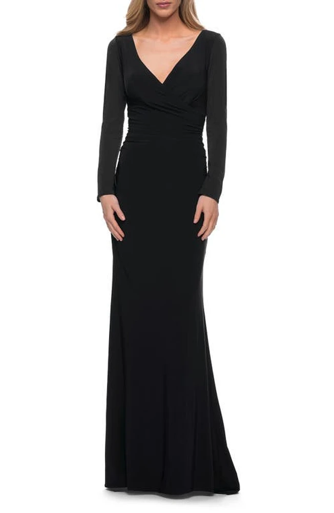 La Femme Long Sleeve Ruched Jersey Gown Black at Nordstrom,