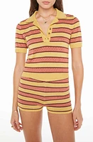 MOTHER the Hot Under Collar Stripe Pointelle Polo Sweater Mustard Brown at Nordstrom,