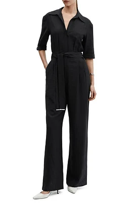 MANGO Tie Waist Wide Leg Jumpsuit Black at Nordstrom,