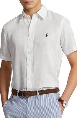 Polo Ralph Lauren Short Sleeve Linen Button-Down Shirt in White at Nordstrom, Size Large