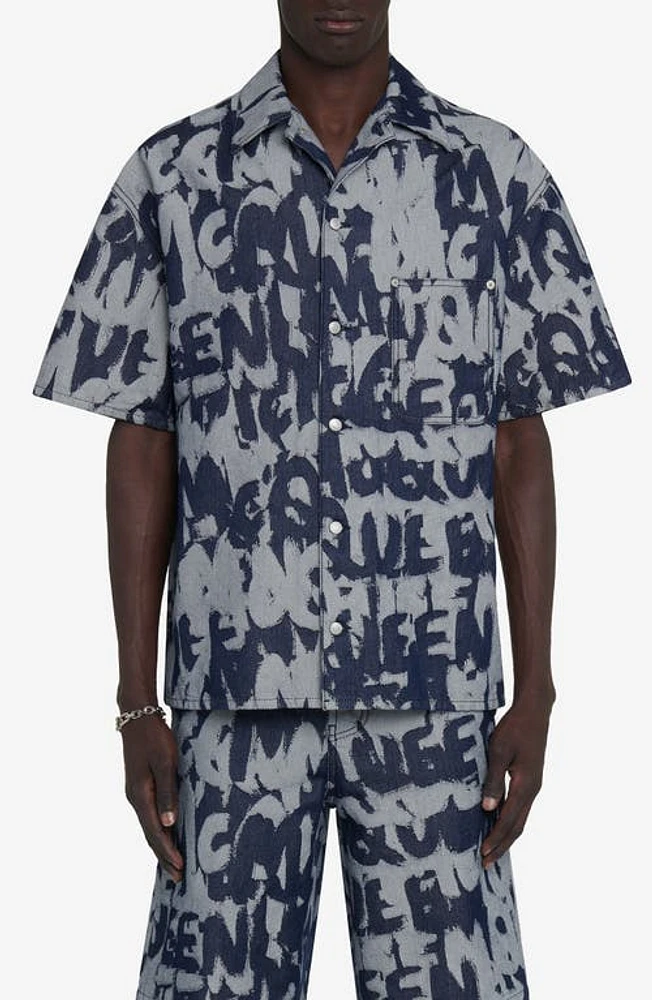 Alexander McQueen Logo Jacquard Denim Button-Up Shirt Indigo at Nordstrom, Us