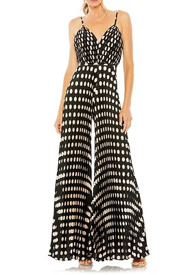 Ieena for Mac Duggal Pleated V-Neck Polka Dot Jumpsuit Black Multi at Nordstrom,