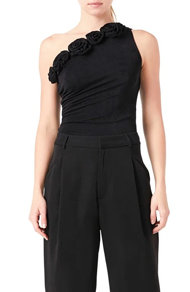 Endless Rose Rosette Detail One-Shoulder Bodysuit Black at Nordstrom,