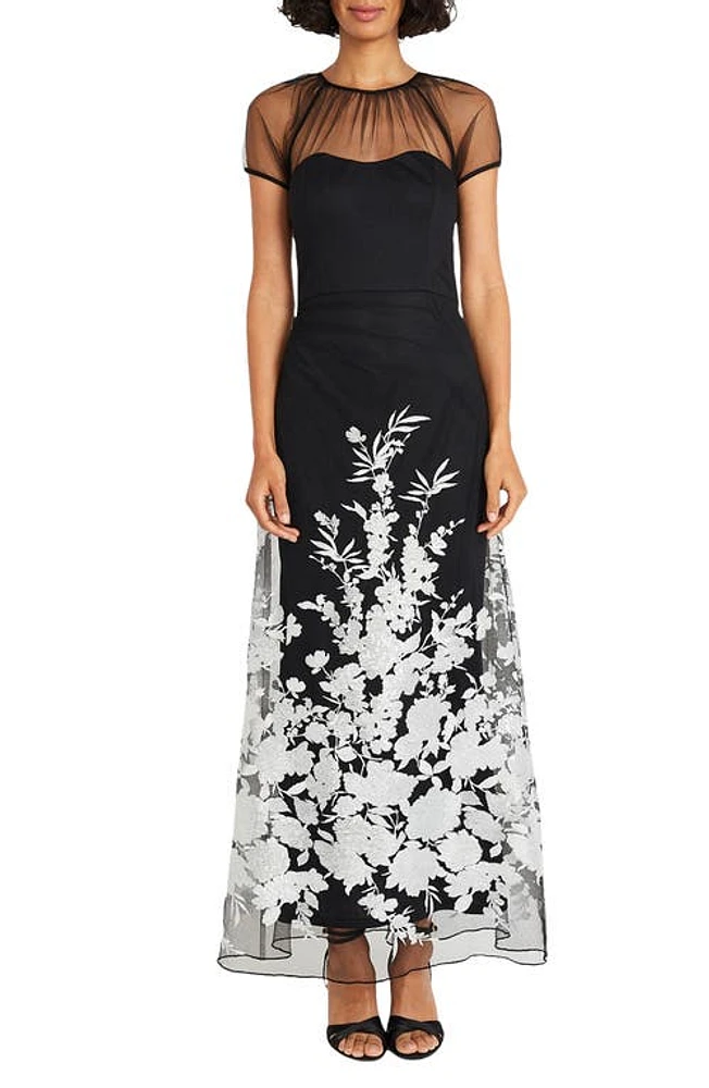 Maggy London Floral Appliqué Detail Mesh Gown Black/Silver at Nordstrom,