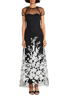 Maggy London Floral Appliqué Detail Mesh Gown Black/Silver at Nordstrom,