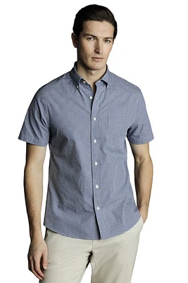 Charles Tyrwhitt Slim Fit Button-Down Collar Non-Iron Stretch Mini Gingham Short Sleeve Shirt French Blue at Nordstrom,