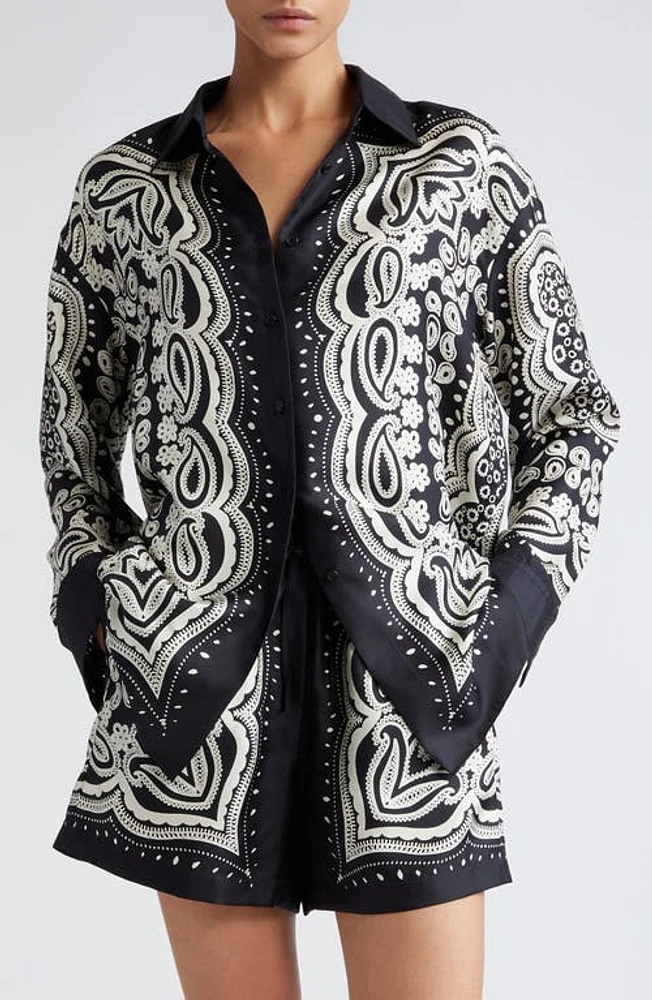 Nili Lotan Alfie Print Silk Shirt Black/Ivory Bandana at Nordstrom,