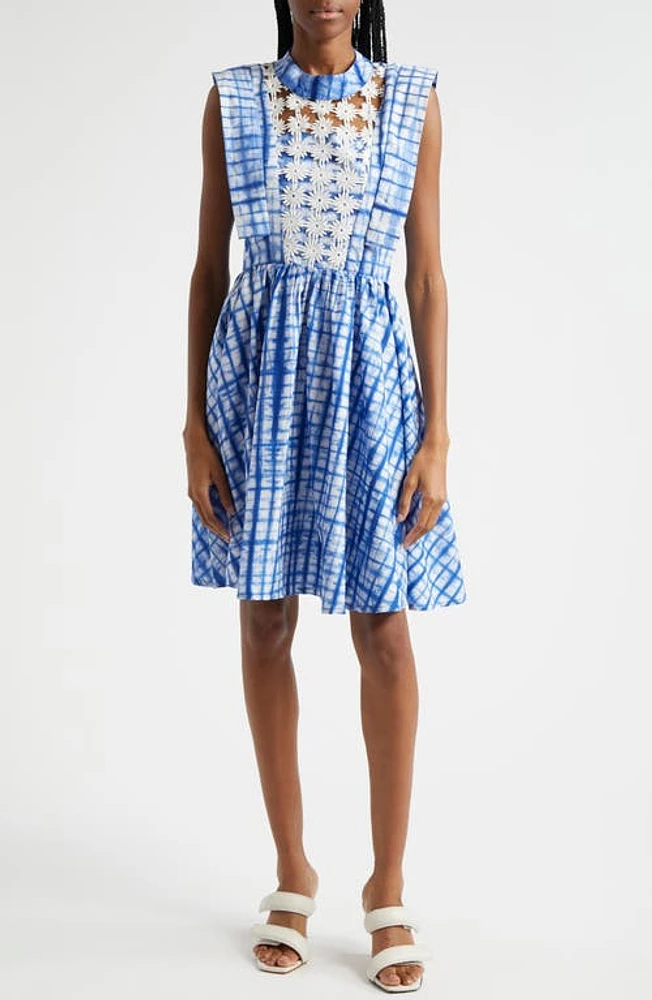 BUSAYO Tutu Floral Appliqué Grid Print Cotton Dress Blue/White at Nordstrom,