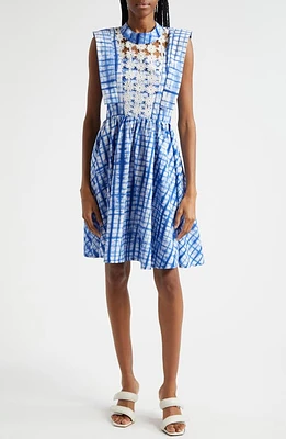 BUSAYO Tutu Floral Appliqué Grid Print Cotton Dress Blue/White at Nordstrom,