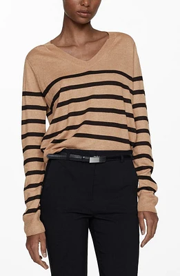 MANGO Stripe V-Neck Sweater Brown at Nordstrom,