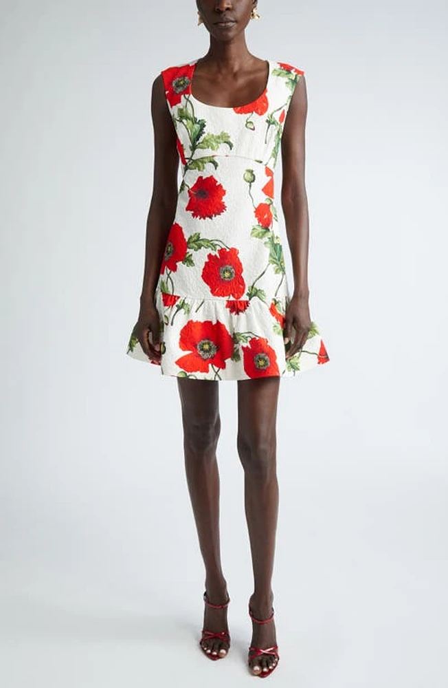 Oscar de la Renta Poppy Print Cap Sleeve Flounce Hem Cotton Blend Minidress White/Red at Nordstrom,