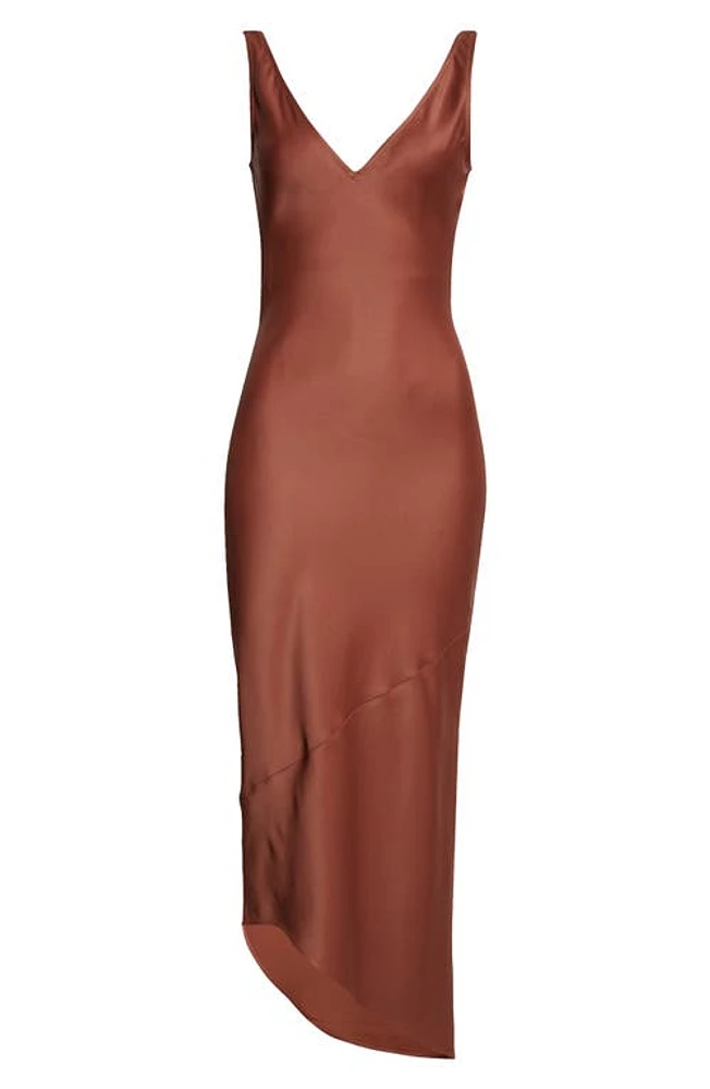 JW Anderson Bias Cut Asymmetric Satin Midi Dress Brown at Nordstrom,