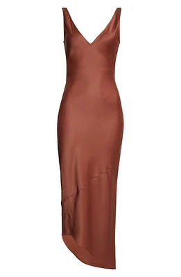 JW Anderson Bias Cut Asymmetric Satin Midi Dress Brown at Nordstrom,