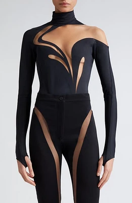 MUGLER Sheer Spiral Illusion Mesh Bodysuit Black/Light Beige at Nordstrom, Us