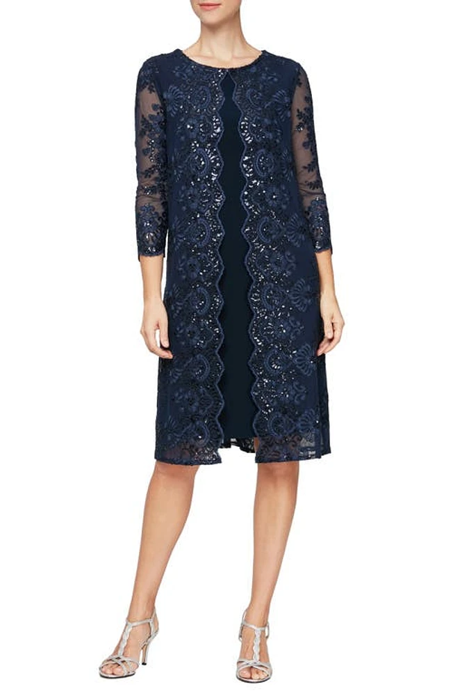 Alex Evenings Embroidered Mock Jacket Cocktail Dress Navy at Nordstrom,