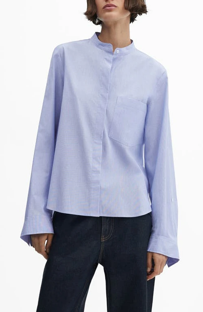 MANGO Band Collar Cotton Shirt Blue at Nordstrom,