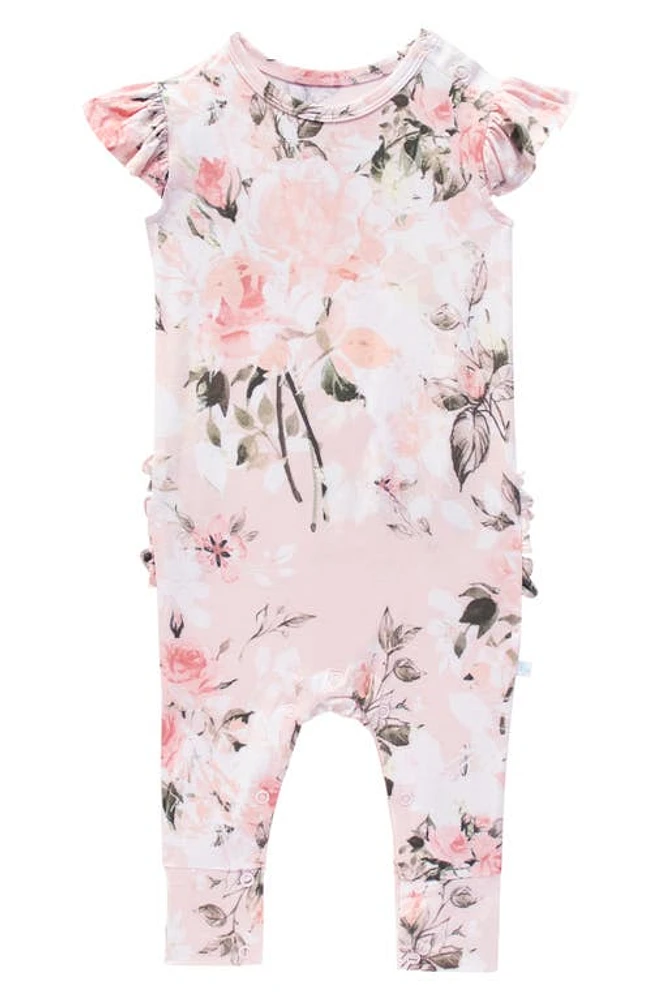 Posh Peanut Pink Rose Ruffle Cap Sleeve Fitted Romper at Nordstrom,