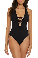 Becca Modern Edge Ribbed Lace-Up Plunge One-Piece Swimsuit at Nordstrom,