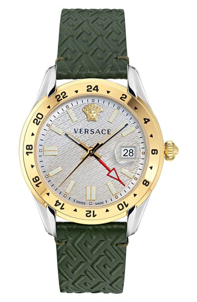 Versace Greca Time Leather Strap Watch, 41mm in Two Tone at Nordstrom