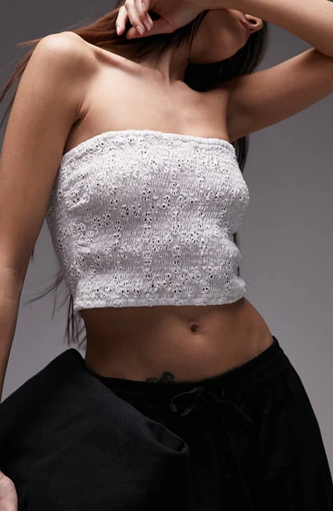 Topshop Eyelet Embroidered Smocked Tube Top White at Nordstrom,