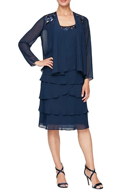 SLNY 3/4 Sleeve Sequin Dress & Jacket Set Deep Navy at Nordstrom,