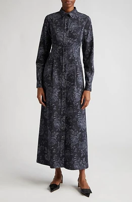 Lela Rose Floral Long Sleeve Cotton Blend Shirtdress Navy at Nordstrom,