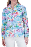 Foxcroft Meghan Travel Print Cotton Button-Up Shirt Blue Multi at Nordstrom