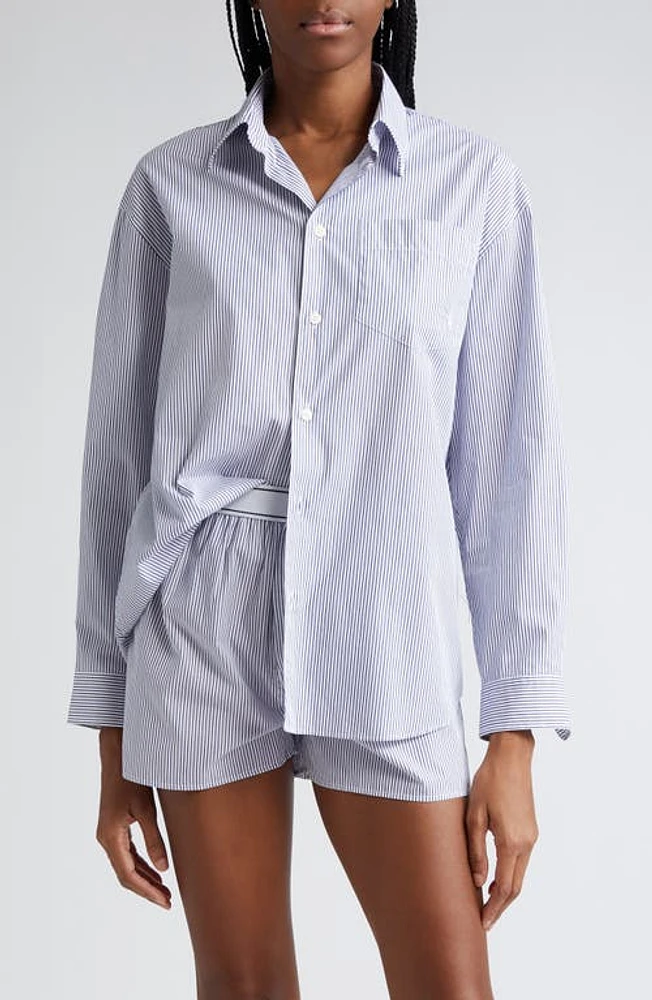 Sporty & Rich Stripe Cotton Button-Up Shirt White/Navy Thin at Nordstrom,