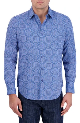 Robert Graham Voyage Geo Jacquard Stretch Cotton Button-Up Shirt Blue at Nordstrom,