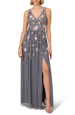 Adrianna Papell Floral Beaded Sleeveless Mesh Gown Dusty Blue Multi at Nordstrom,