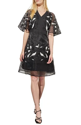 Ming Wang Floral Appliqué Mixed Media Dress Black/White at Nordstrom,