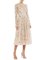 Mac Duggal Beaded Floral Long Sleeve Cocktail Midi Dress Nude at Nordstrom,