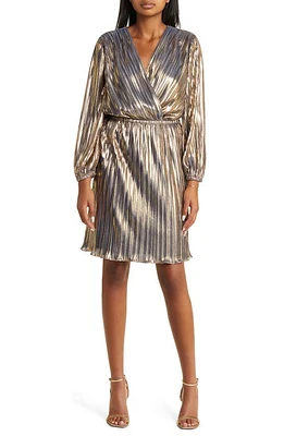 Maggy London Metallic Pleated Long Sleeve Cocktail Dress Gold at Nordstrom,